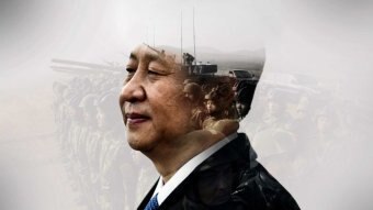 Composite image shows Xi with military figures in the back.