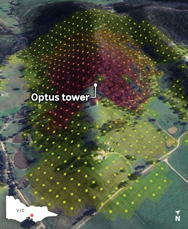 A terrain map showing how a potential fire could impact a phone tower.