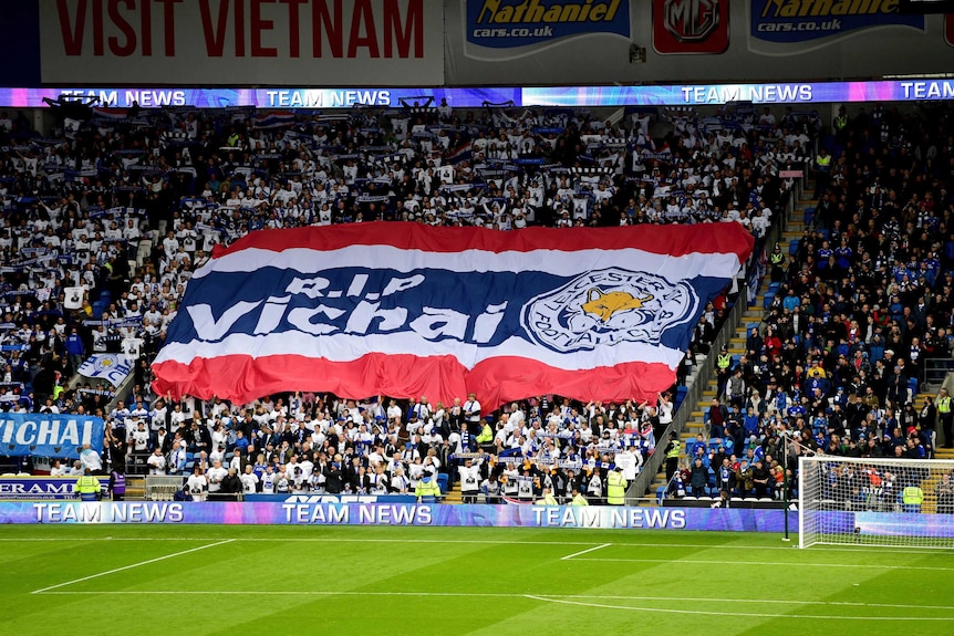 Leicester City fans hold up RIP Vichai banner