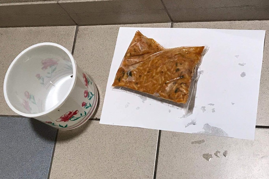 A packet of frozen meal is left on a piece of paper on the ground.