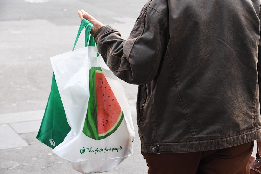 A person carrying a reusable plastic bag with their back to the camera.