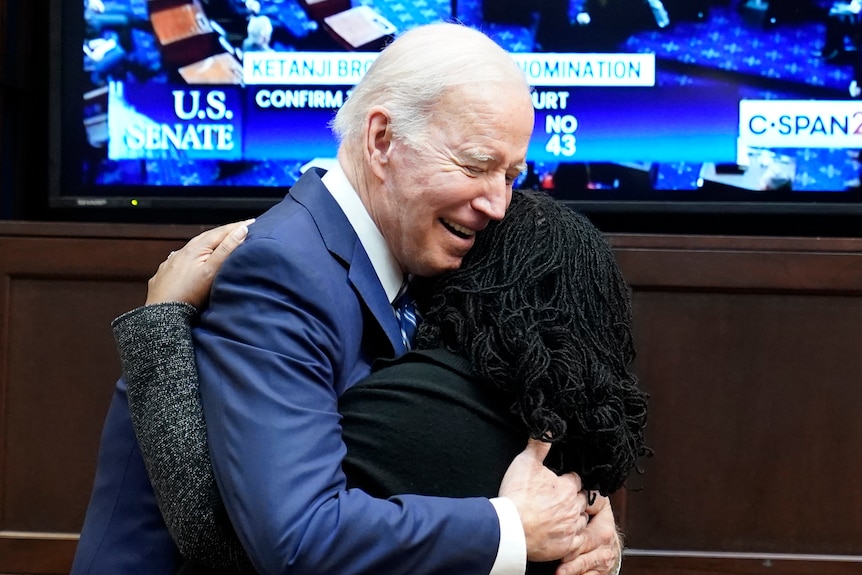 President Joe Biden hugs Supreme Court nominee Judge Ketanji Brown Jackson.
