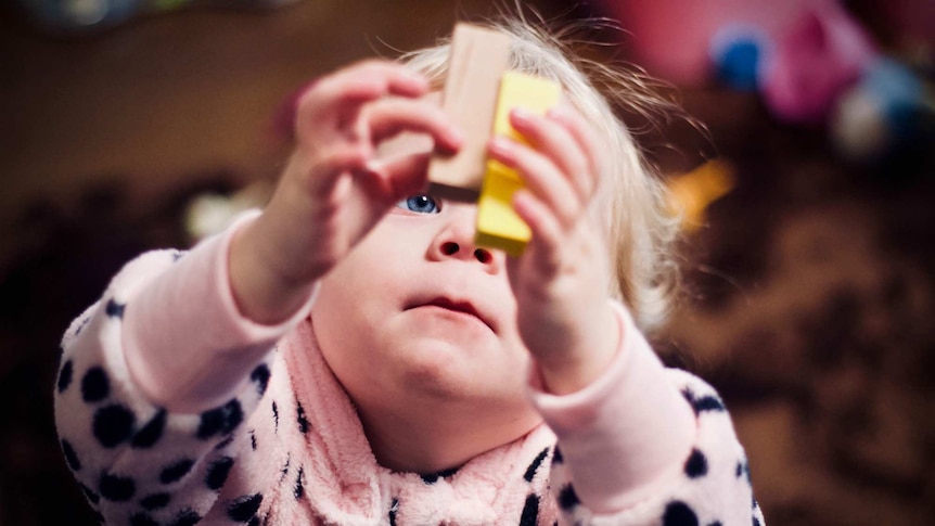 A young girl holds two blocks in the air.