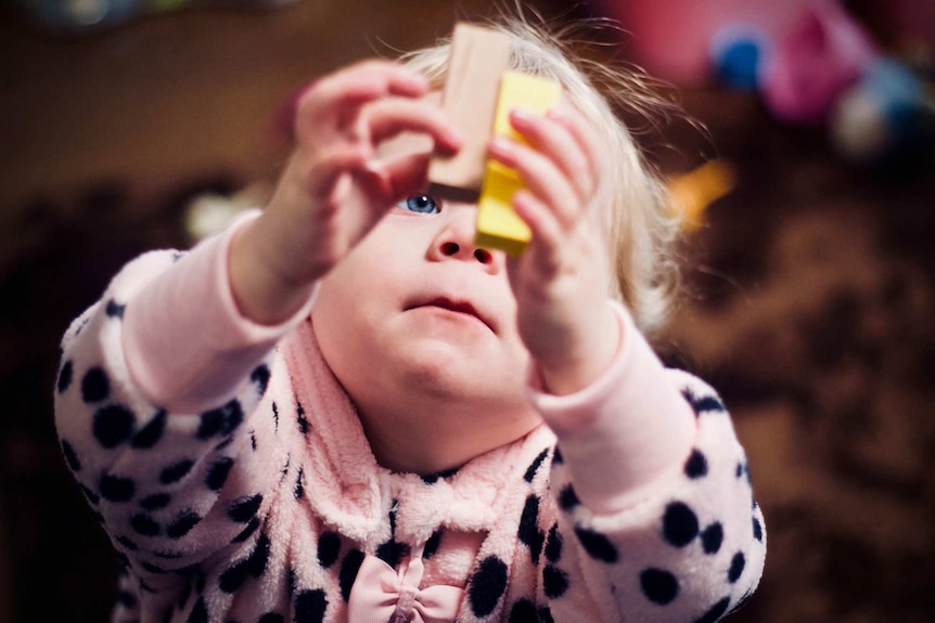 A young girl holds two blocks in the air.