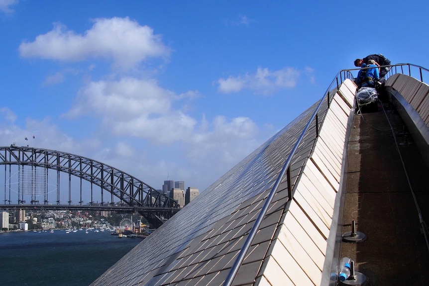 Workers install fireworks on the Sydney Opera House, ahead of the new year's eve fireworks.