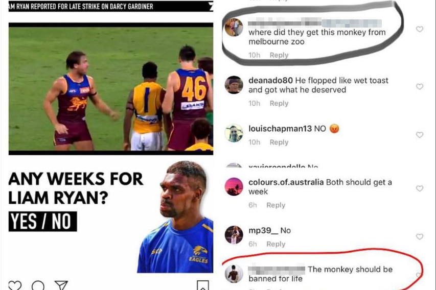 A screenshot from Instagram showing racist comments directed at Eagles player Liam Ryan.