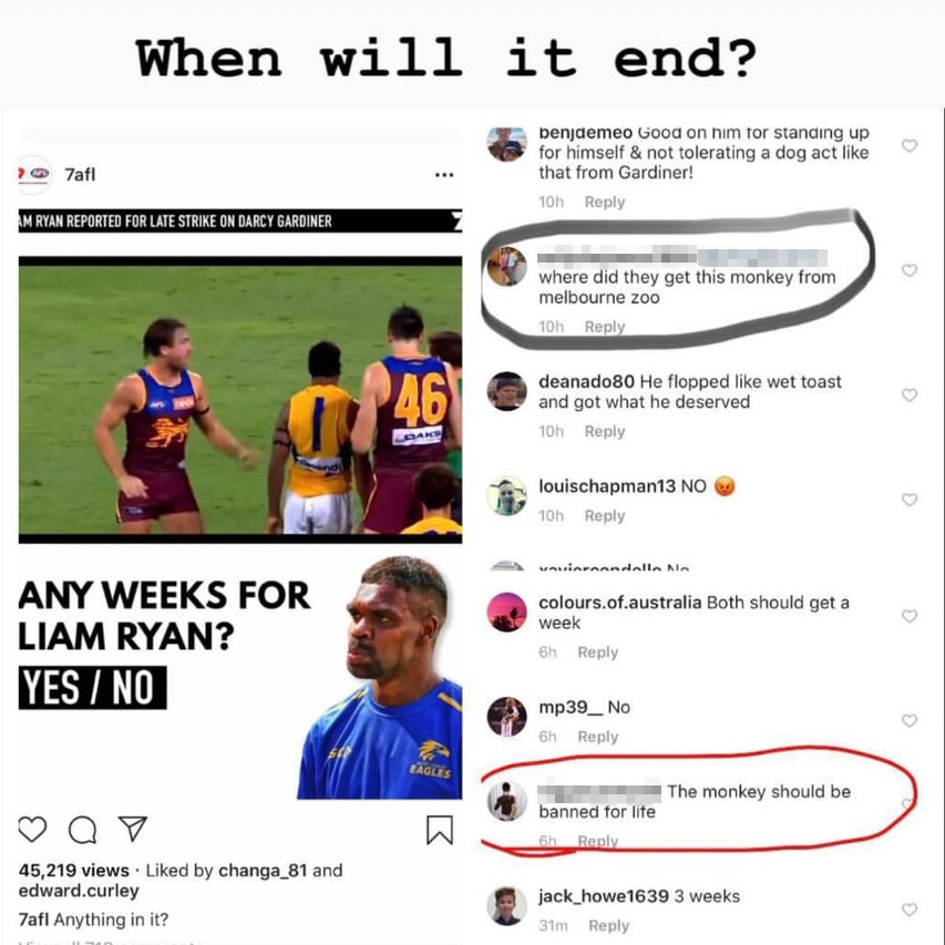 A screenshot from Instagram showing racist comments directed at Eagles player Liam Ryan.