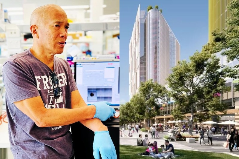 a composite image of a man who is a surgeon wearing plastic gloves and a mock up of a redevelopment