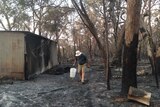 a man walks through a burnt-out paddock with a shed on one side