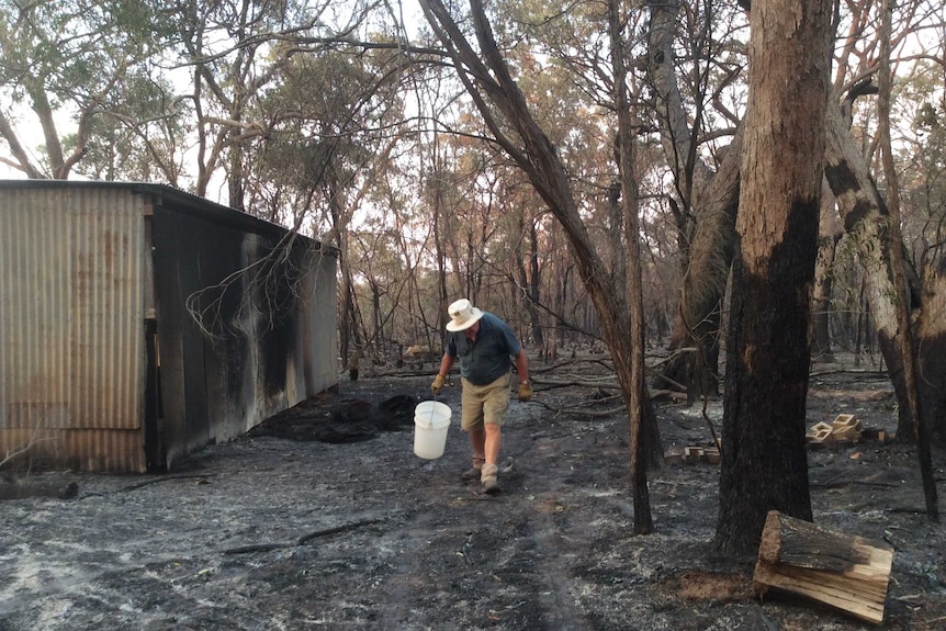 a man walks through a burnt-out paddock with a shed on one side