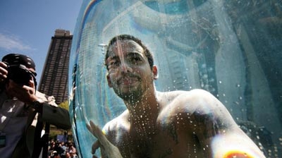 US entertainer David Blaine inside his water sphere.