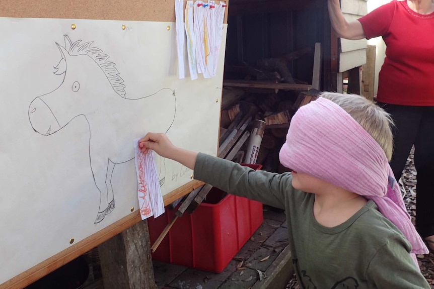 A child in blindfold tries to pin a tag on a hand-drawn donkey