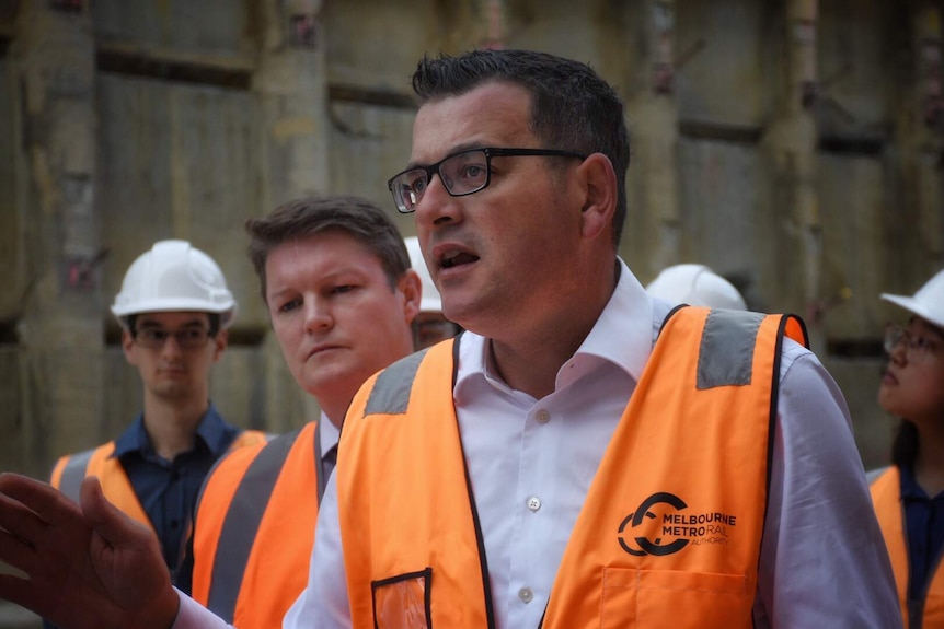 Victorian Premier Daniel Andrews speaks at a Melbourne Metro Rail Authority worksite in February 2018