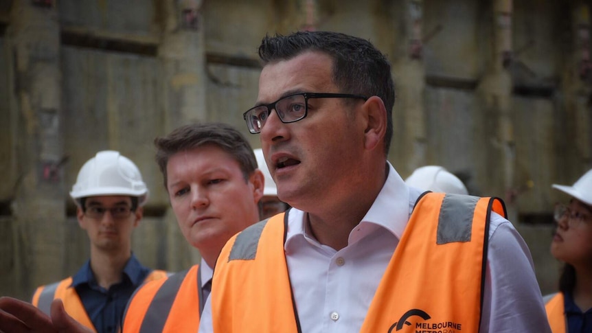 Victorian Premier Daniel Andrews speaks at a Melbourne Metro Rail Authority worksite in February 2018