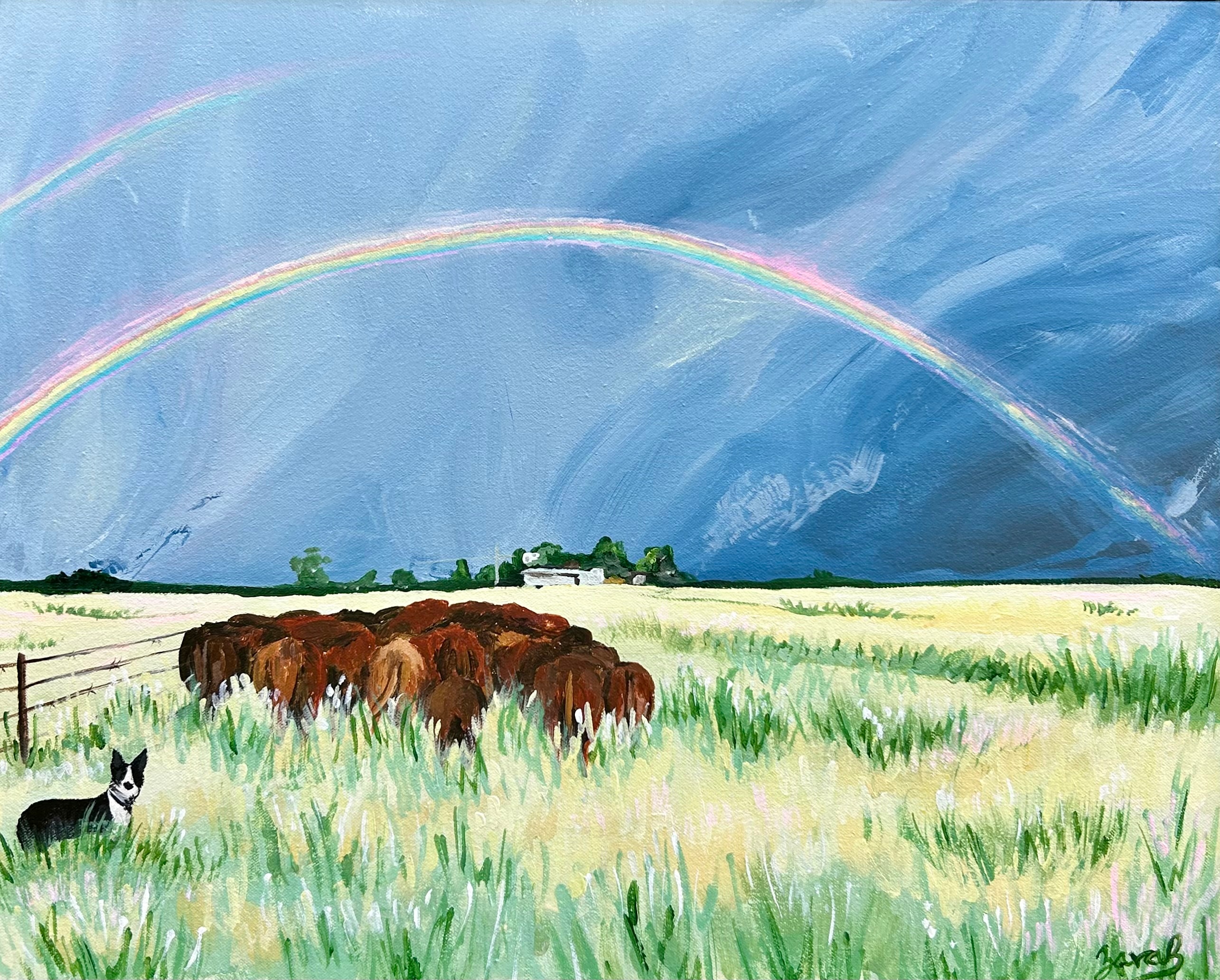 Uma pintura de um campo gramado com um cão pastor e vacas retornando para uma fazenda com uma tempestade no céu. 