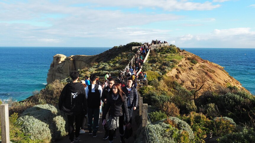 A crowded path leads out to a viewing platform on a headland by the ocean.