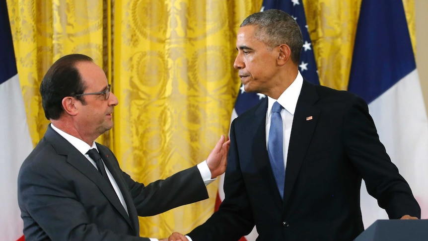 US president Barack Obama greets French president Francois Hollande at the White House.