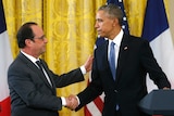 US president Barack Obama greets French president Francois Hollande at the White House.