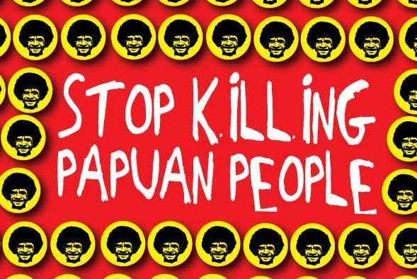 White texts reads "stop killing Papuan people" on a red background with a Papuan man's face in a yellow circle repeated.