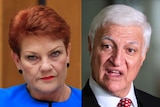 Composite image showing Pauline Hanson's face with stern expression on left, Bob Katter mid speech, serious expression on right