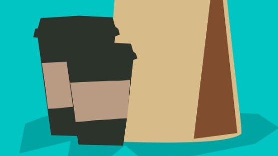 Picture graphic of two takeaway cups. They are brown and black and next to a paper bag, The background is bright blue