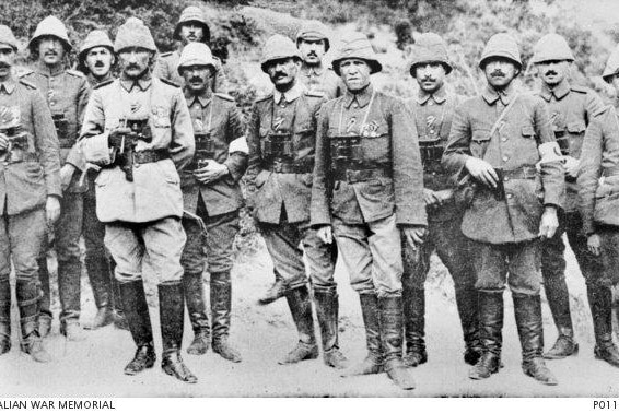 Colonel Mustafa 'Ataturk' Kemal (fourth from left) with officers and staff of the Anfarta group, Gallipoli Peninsula, 1915.