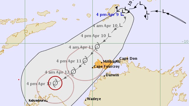 A map issued at 5:00pm AEST on Sunday shows the projected path of the tropical low expected to become Cyclone Frances.