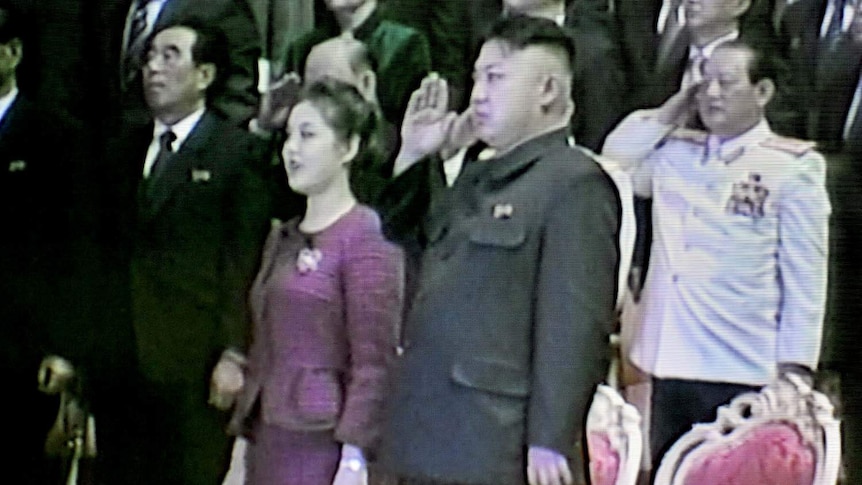 North Korean leader Kim Jong-Un (centre) with his wife Ri Sol-Ju