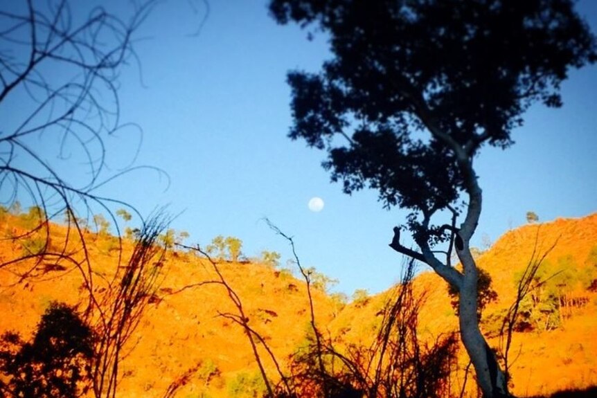 Sunlit orange rocky hills with moon rising.