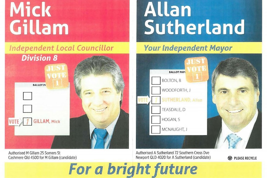 Voting cards for Moreton Bay independent councillors Mick Gillam and Allan Sutherland