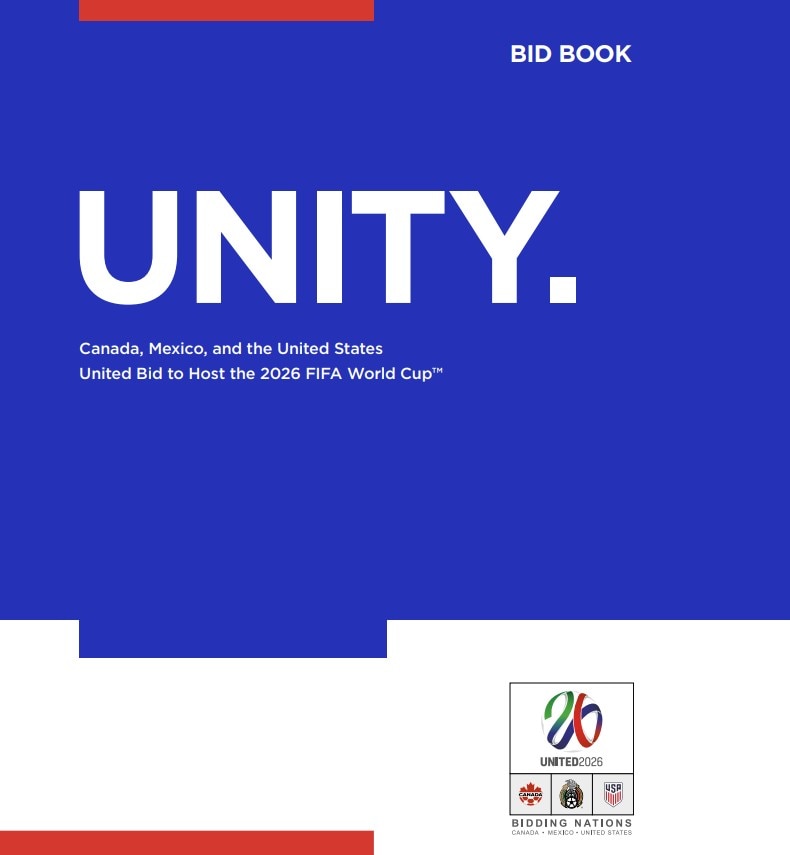 The word Unity in large letters against a blue background, which is the cover of the World Cup bid book