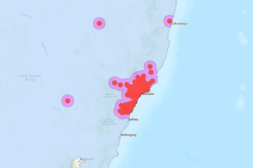 A cluster of red dots over the Hunter, Central Coast and other isolated dots. 