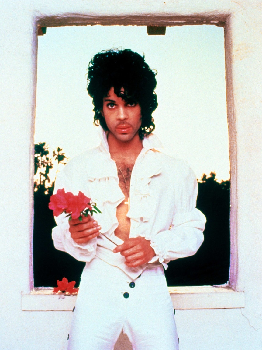 Prince photographed on stage holding a rose and looking sultry.