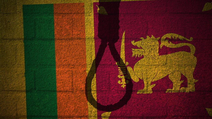 An illustration of a hangman's rope in front of Sri Lanka's flag