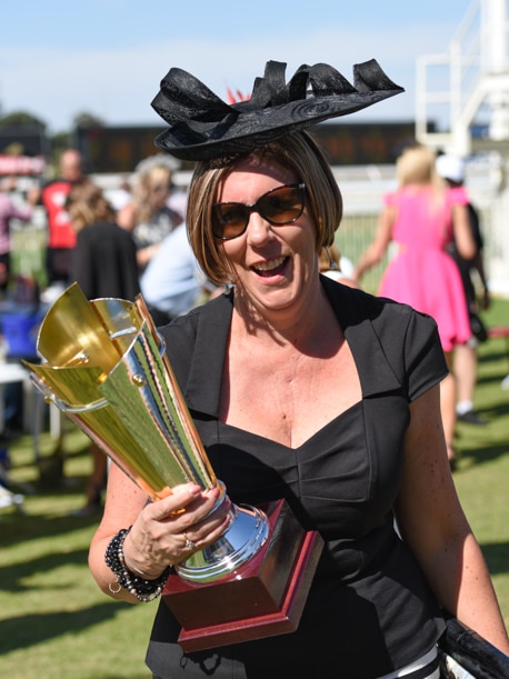 Danielle Pratt with the trophy after Man Booker's win at Ascot.