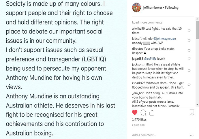 Jeff Horn's instagram post speaking about Anthony Mundine's views on sexual preference and transgender.