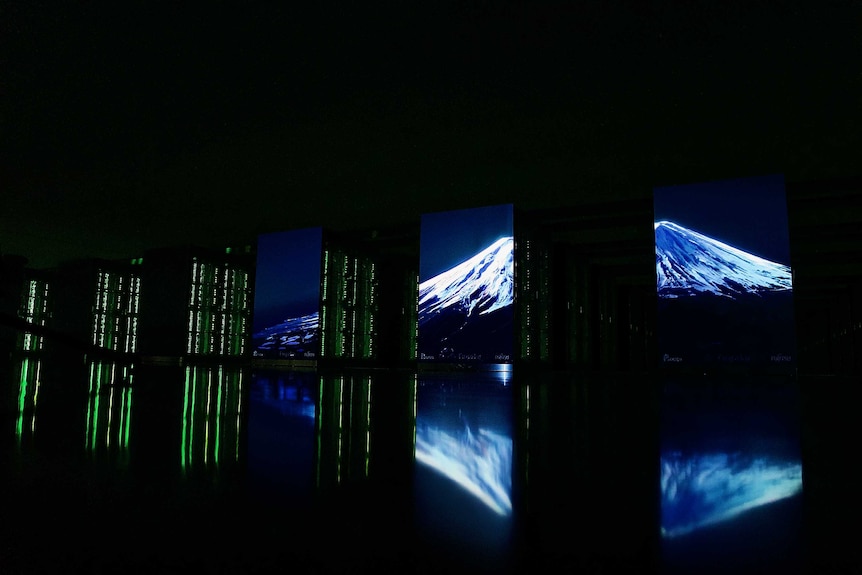 Green doors sit in rows as two windows show a backdrop with Mount Fuji.