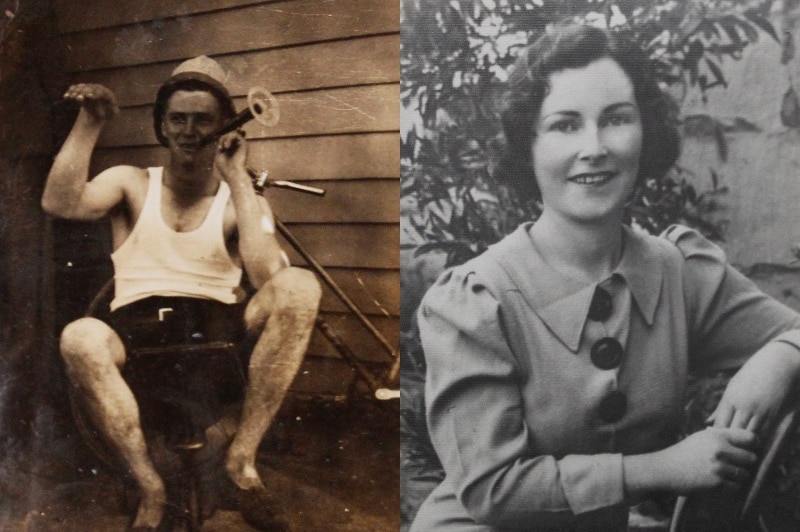 Two old photos, on the left a young man sits on a bicycle, on the right a portrait of a young woman