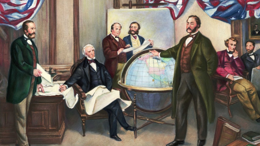 A nineteenth-century colour painting of seven men gathered around a large world globe and US flags.