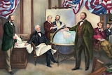 A nineteenth-century colour painting of seven men gathered around a large world globe and US flags.