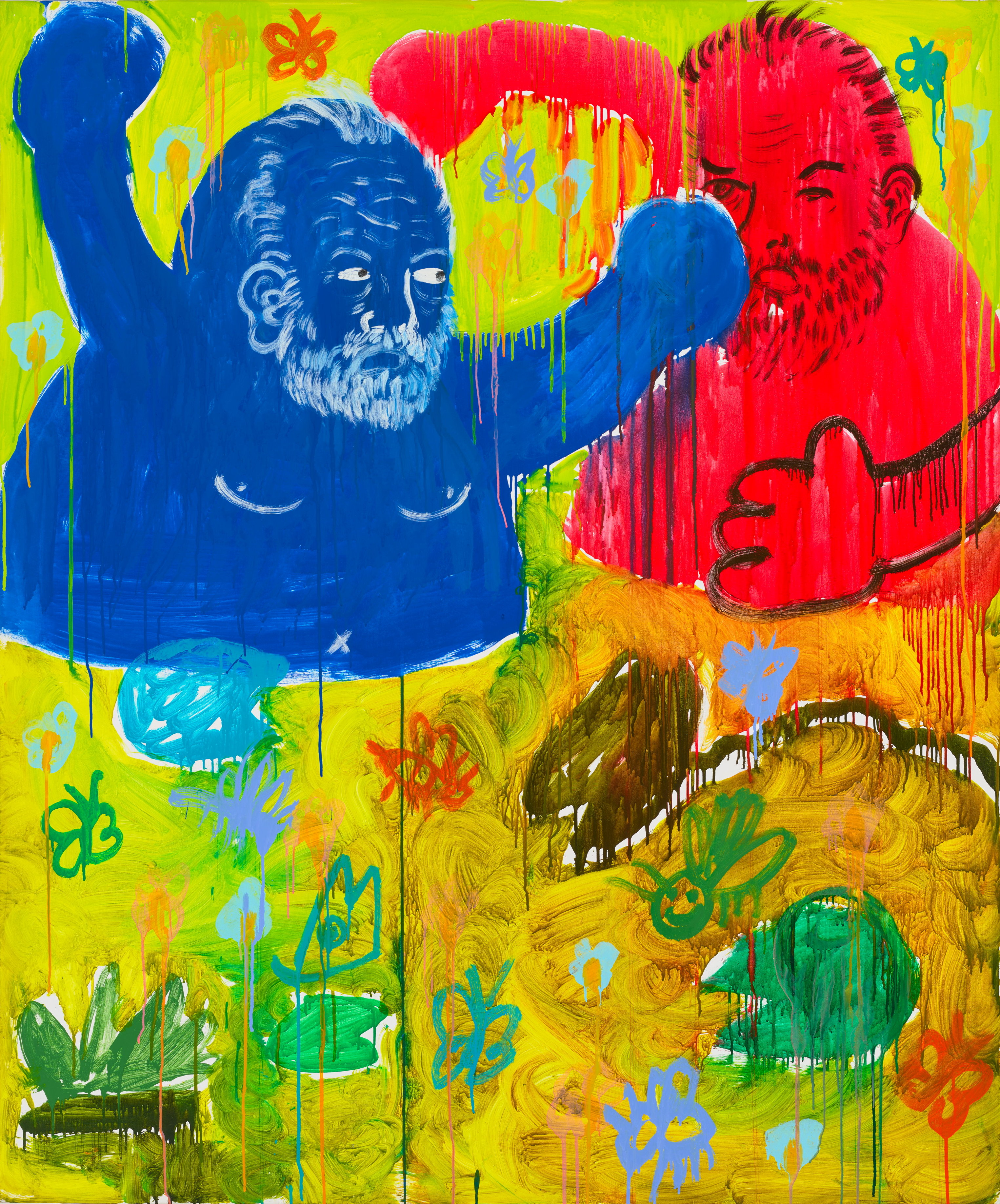 Colourful blue and yellow and red painting of two figures with arms raised in the air and stern expressions.