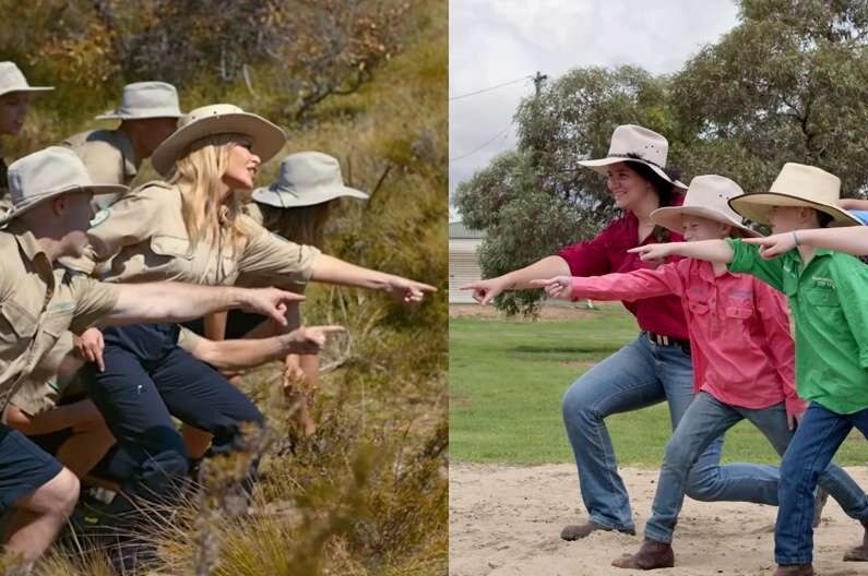 Mirror images show Kylie Minogue and actors pointing on the left and St George locals in cowboy hats pointing on the right