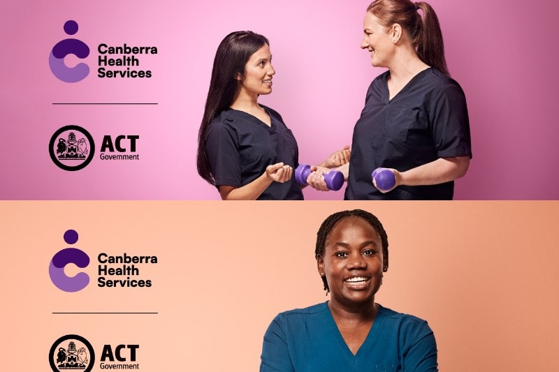Composite of three women smiling beside the purple Canberra Health Services logo. 
