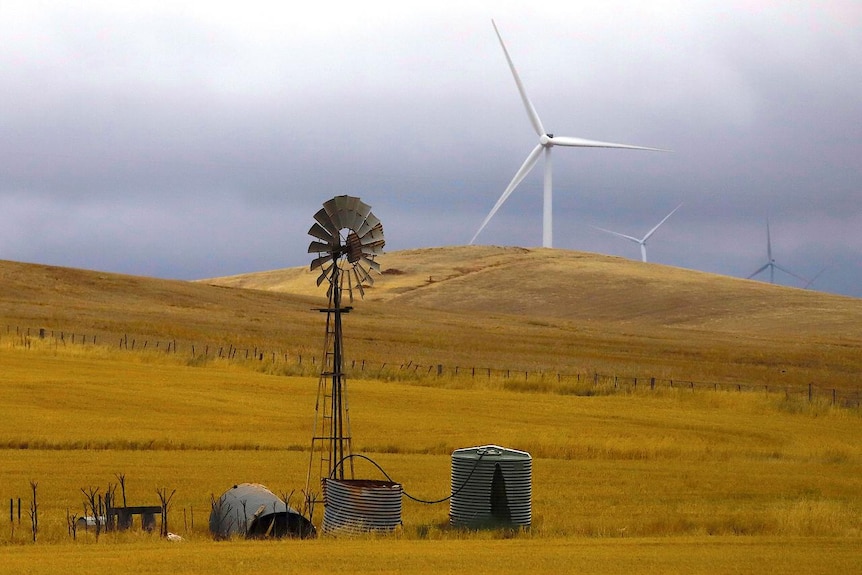 An old windmill stands in front of wind turbines in a paddock near the Hornsdale Power Reserve, South Australia