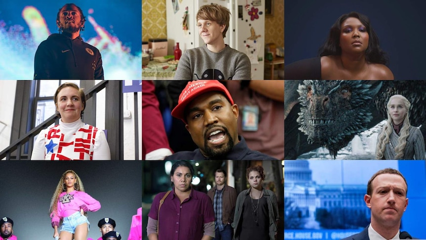 A collage of pop culture figures including Kendrick Lamar, BTS, Lizzo, Kanye West, Lena Dunham, Beyonce and Adam Goodes