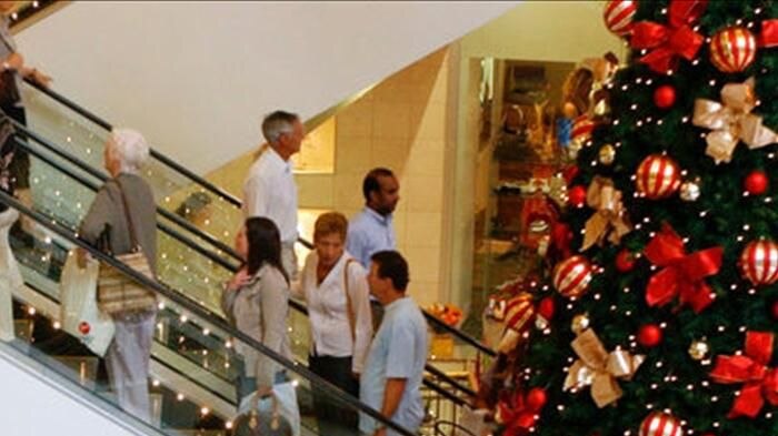 Shoppers in a department store surrounded by giant Christmas trees