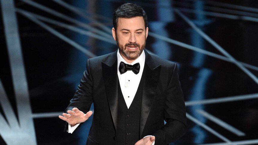 Host Jimmy Kimmel speaks at the Oscars.