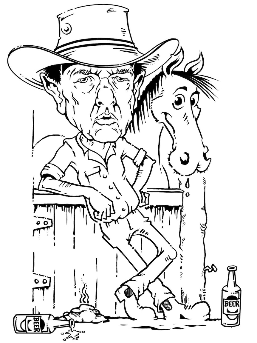 A caricature of a man standing in front of a mule with empty beer bottles at his feet.