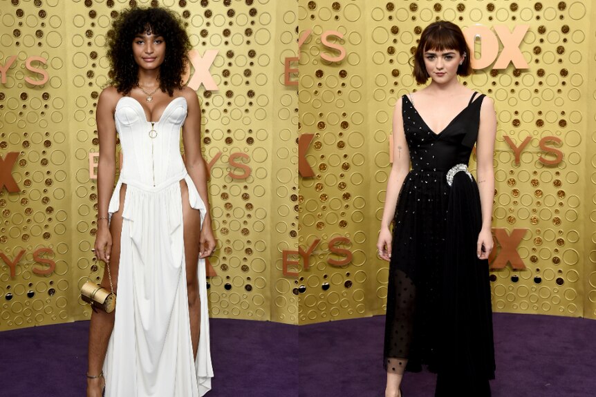 Indya Moore, left, wears a white gown in a composite image next to Maisie Williams, right, in a black gown.