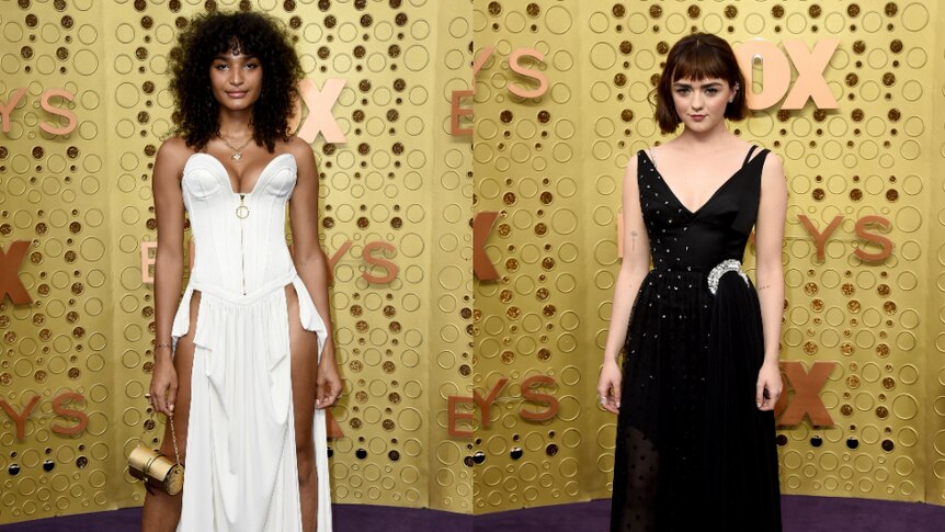 Indya Moore, left, wears a white gown in a composite image next to Maisie Williams, right, in a black gown.